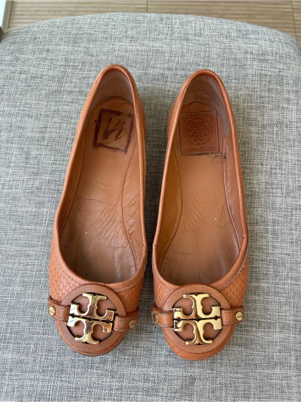 Tory Burch Cognac Leather Logo Round-Toe Flats